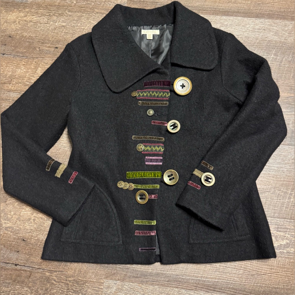 Medium Women’s Black Carson Wool Jacket w/ 2 Pockets & Colorful Embellishments